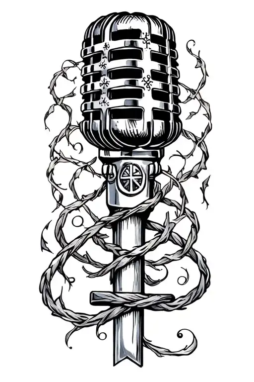 A Microphone Intertwined With A Vine Of Crosses