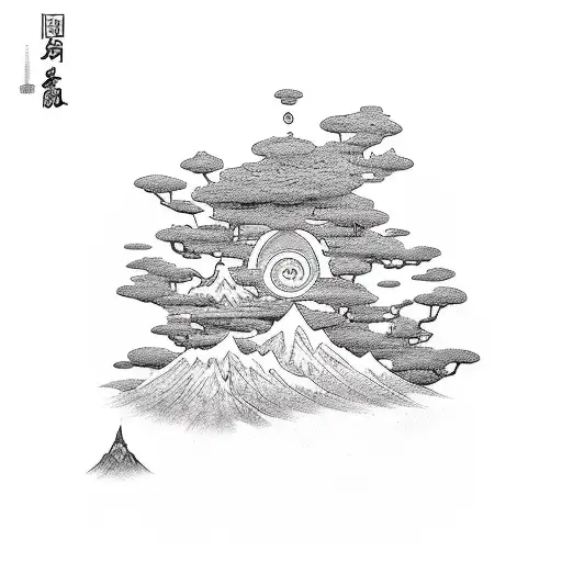 A Tattoo Design Of A Serene Landscape With Elements Of Naruto Characters Subtly Hidden Within