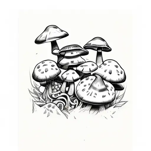 A Sketch Style Tattoo Of A Collection Of Different Edible Mushrooms Arranged In A Decorative Pattern