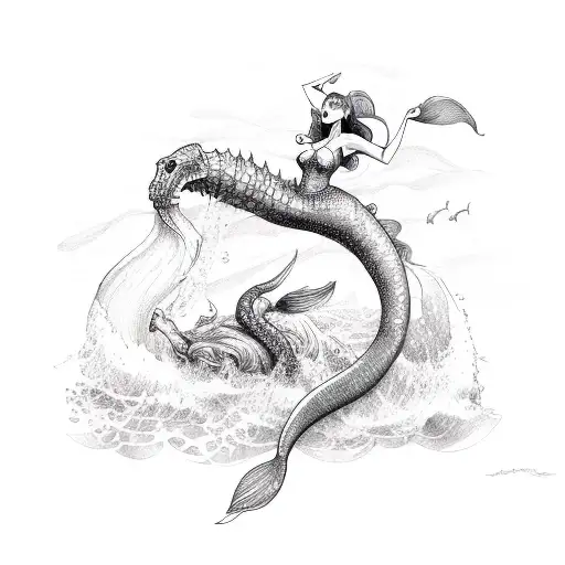 A Mermaid Riding A Sea Serpent