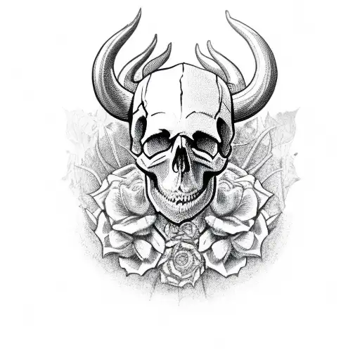 Skull With Horns Interwoven Tribal Flowers