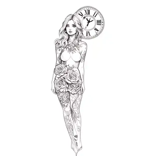 A Woman With A Tattoo Of Roses And A Clock