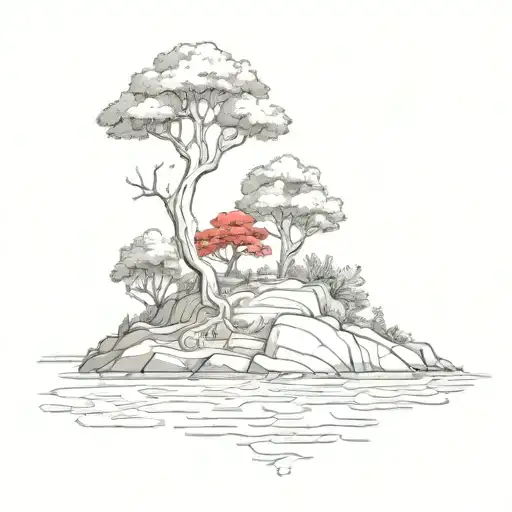 Tree With Red Ribbon On An Island In The Sea