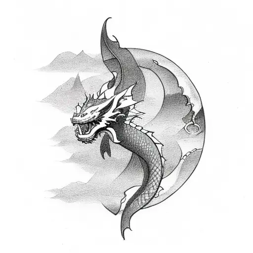 Feminie Dragon Tattoo Going Towards A Crescent Moon