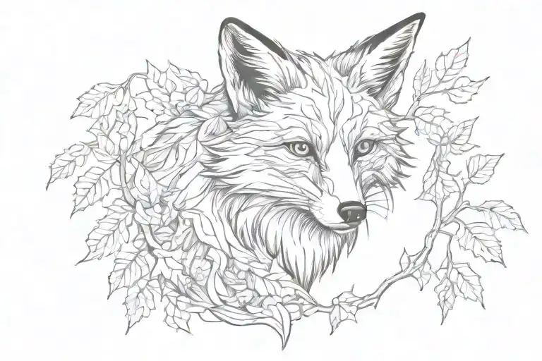 Fox With Maple Leaves And Dry Vine