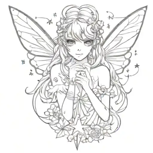 Anime Style Fairy Tattoo With Stars Around