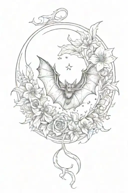 Bat With Flowers And Crescent Moon