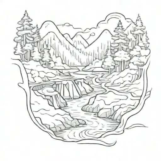 River In Forest Flowing Downhill And Winding