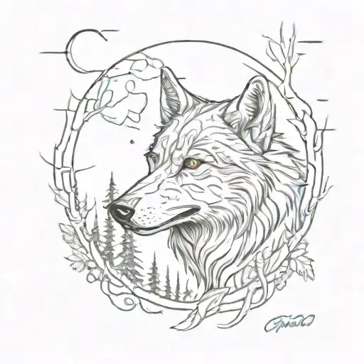 A Wolf In The Forest With The Moon Behind