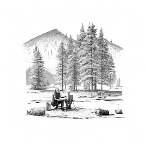 Montana Landscape With A Grandfather And Grandson Camping With A Dog