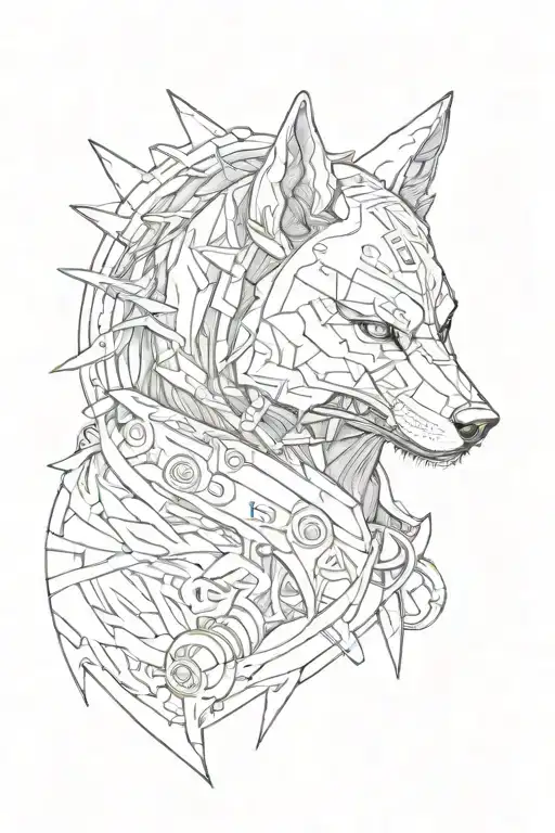 Cyberpunk Samurai Mask And Wolf Howling At The Moon