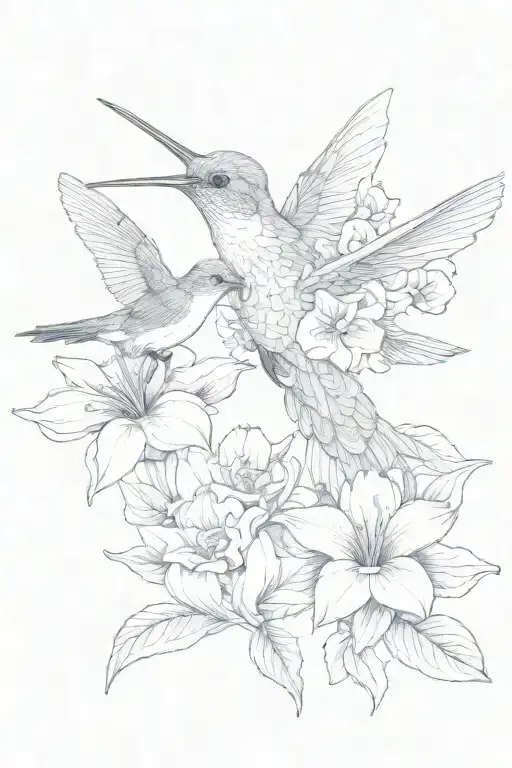 Small Humming Bird And 3 Flowers Intertwined