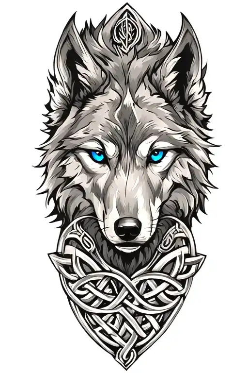 Wolf With Blue Eyes On Armor Tattoo Design Featuring Celtic Trinity Knot
