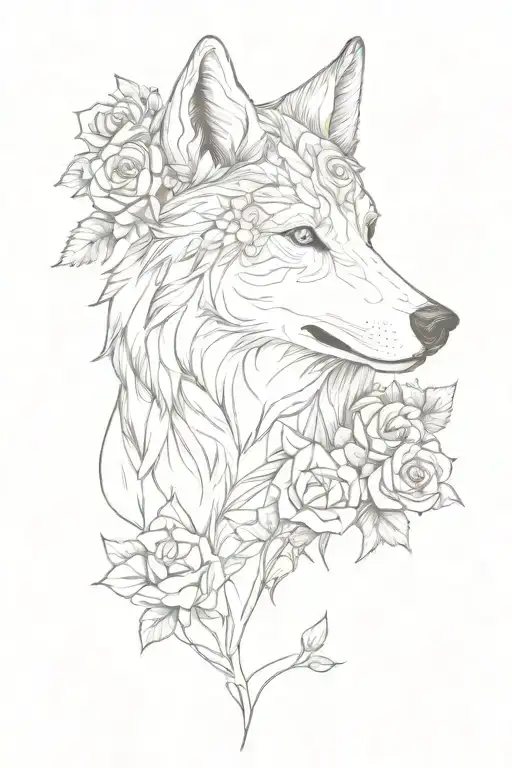 Wolf Blended By Roses Mayflowers