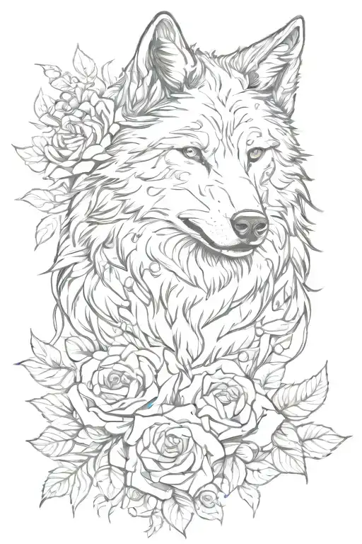 Wolf Blended By Roses And Mayflowers