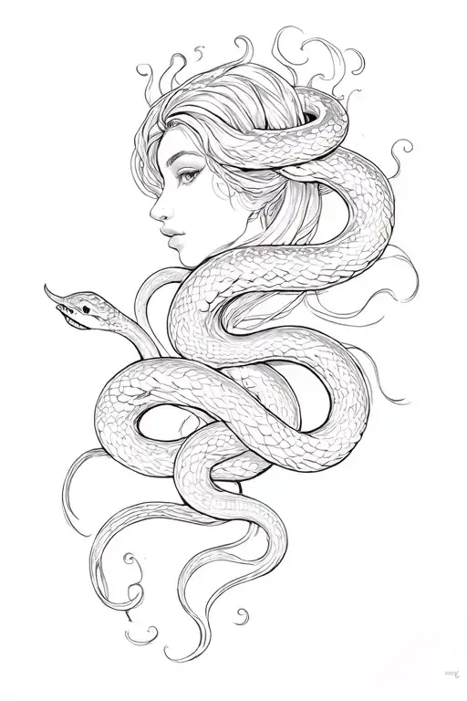 Madussa With Snakes Like Going Out Of Hair Like Waves Kinda With A Line Design