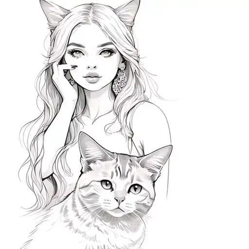 Cat And Woman Posing