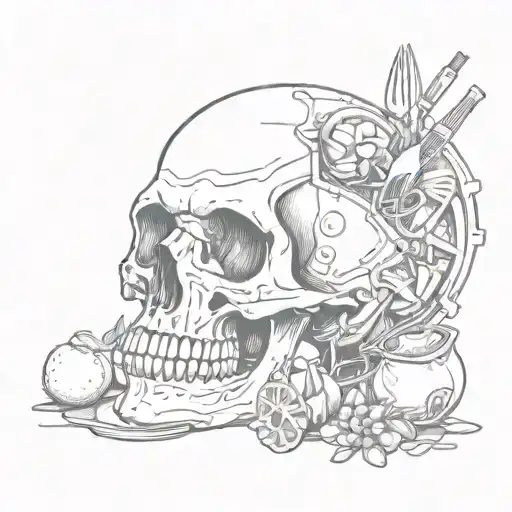 A Skull Made Out Of Various Kitchen Utensils And Food Items