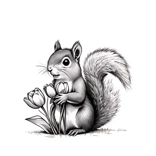 Cute Female Squirrel Holding Tulips