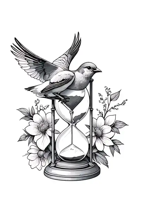 A Canary Bird Flying By An Hourglass Surrounded By Flowers