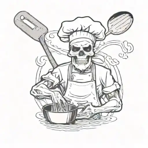 A Skull Wearing A Chef's Apron And Holding A Spatula And Frying Pan