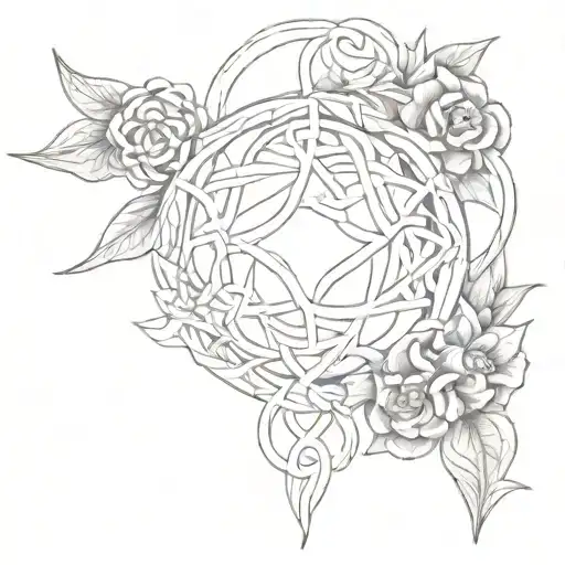 Celtic Triqueta Knot With Dara Knot In It And Flowers Surround It Fine Line