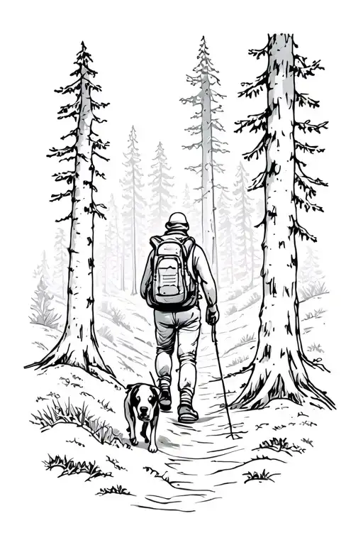 A Sketch Style Tattoo Of A Hiker Trekking Through A Forest With A Dog By Their Side