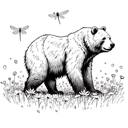 A Sketch Of A Bear Walking Through A Field Of Flowers With Dragonflies Flying Around