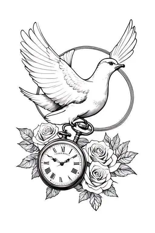 Dove With A Pocket Watch And Roses