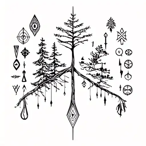 Nordic Symbols Incorporating Elements Of Nature Like Trees And Fine Lines
