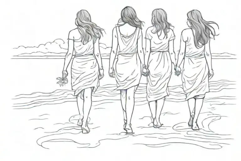 4 Sisters Walking On A Beach Thin Line Sketch