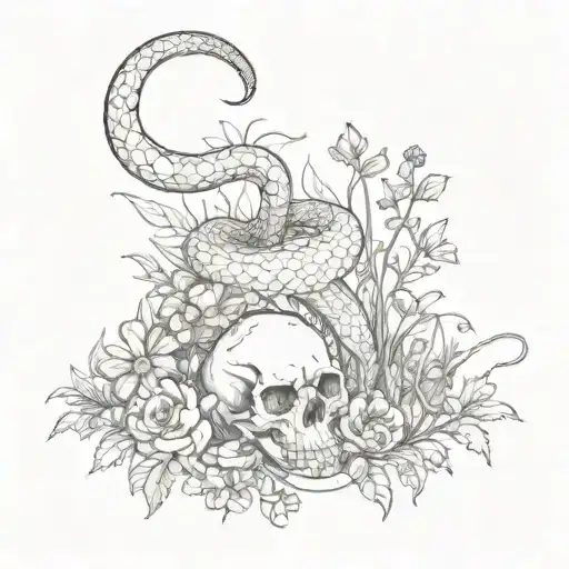 A Tramp Stamp Design Featuring A Snake Weaving Through A Field Of Flowers And Skulls