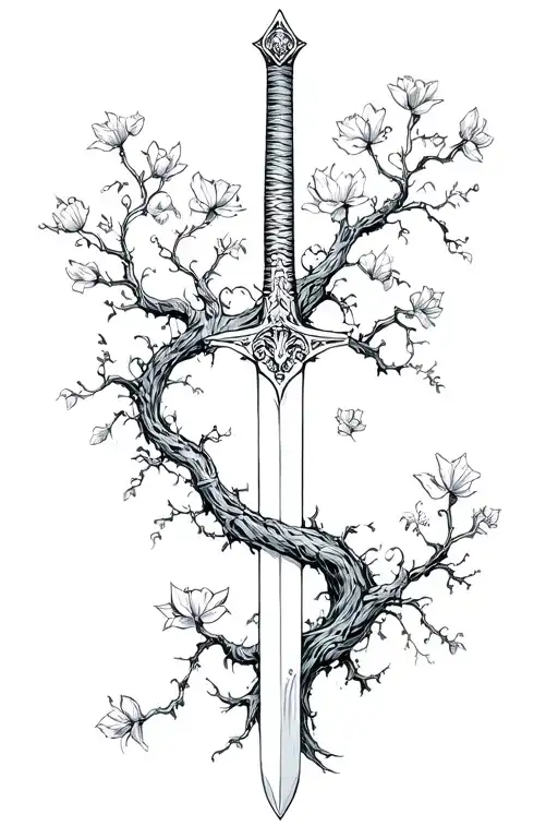 Tree With Sword Intertwined And Flowers Growing