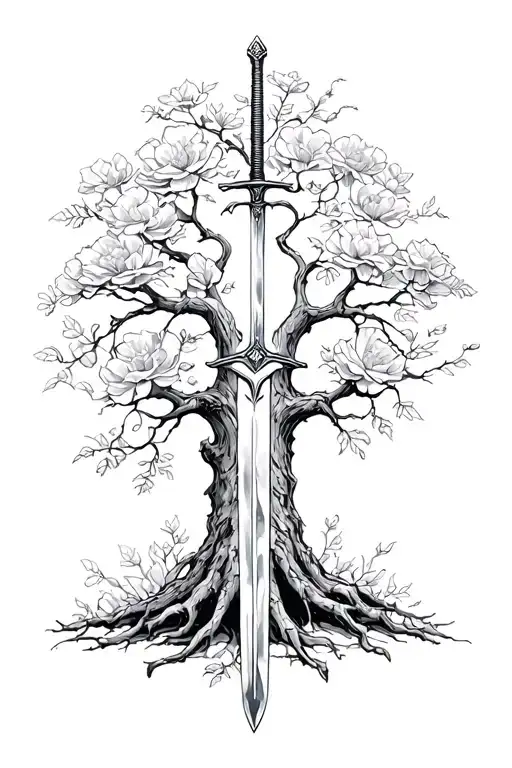 Full Tree With Sword In The Trunk And Flowers Growing