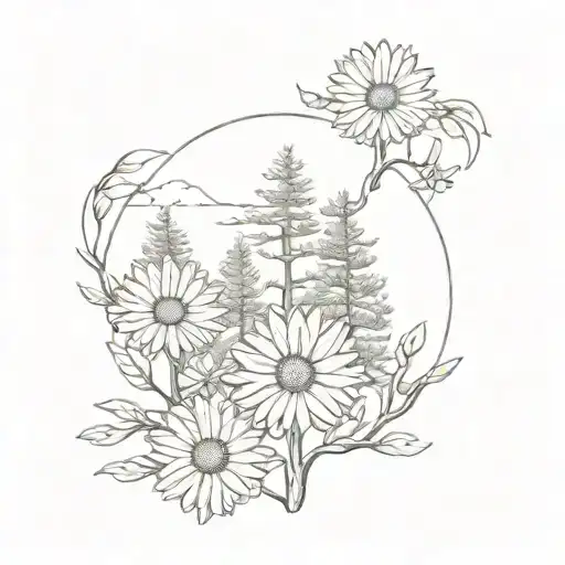 Three Pine Trees Surrounding A Daisy Flower