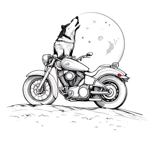 A Sketch Style Tattoo Of A Wolf Howling At The Moon While Sitting On A Motorcycle