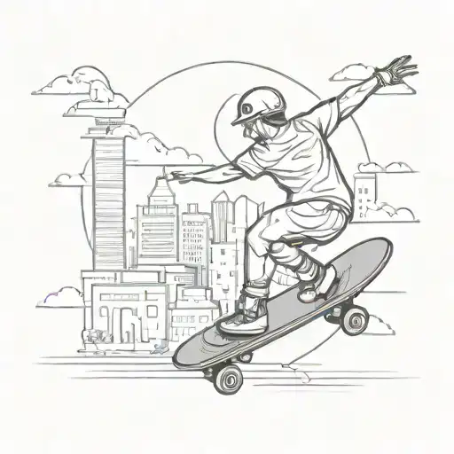 A Skateboarder Exploring A City Skyline On A Skateboard Made Of Travel Stamps