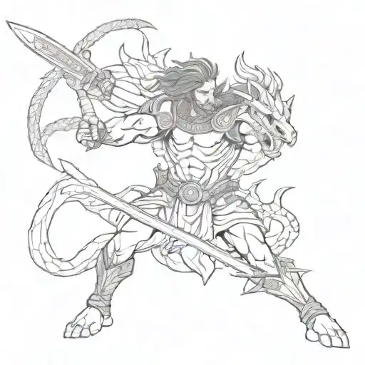 A Sketch Style Tattoo Of A Greek Warrior Wielding A Sword Against A Dragon