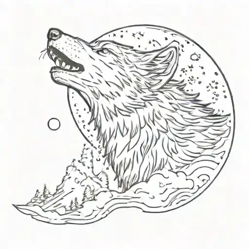 A Celestial Scene Of A Wolf Howling At The Moon