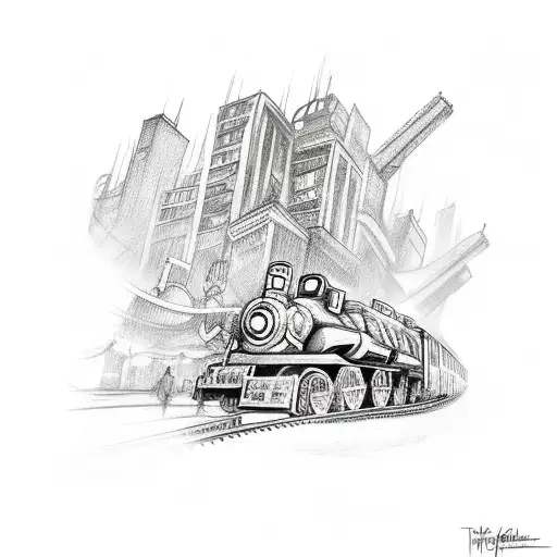 Back Piece With Trains Full With Graffiti In A City And Big Monsters In The Background