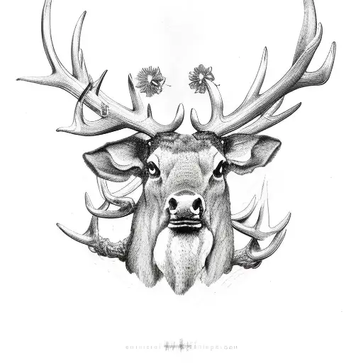 Antlers With Tree Trunk And Flower