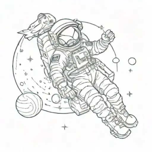 Astronaut Looks Up Around Him Little Stars And Saturn