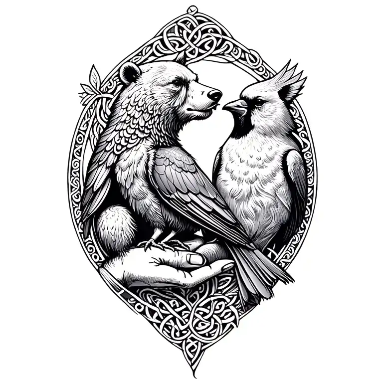 Celtic Bear With Cardinal Sitting On Her Hand