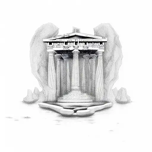 Greek Temple From Which A River Of The Underworld Comes Out With A Charonte On It And Medusa