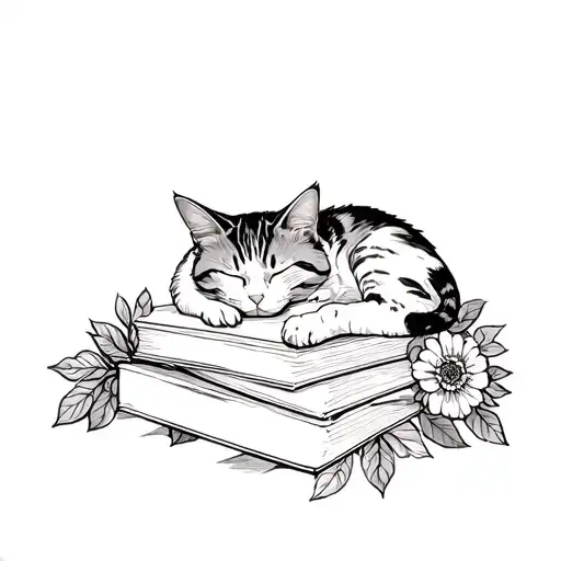 Sleeping Cat On Books With Flowers