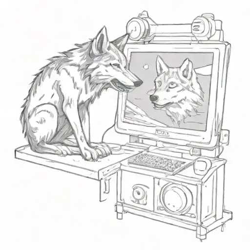 A Sketch Tattoo Of A Wolf Howling At A Computer Screen Displaying Anime Scenes