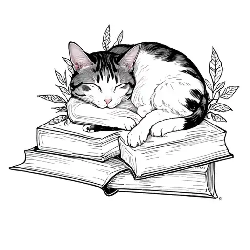 Sleeping Cat On Books With Plants Intertwined