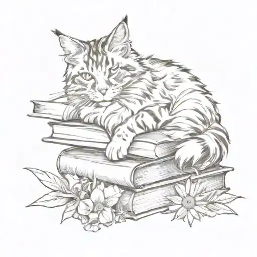 A Maine Coon Cat Curled Up On A Pile Of Books Surrounded By Flowers And Mushrooms