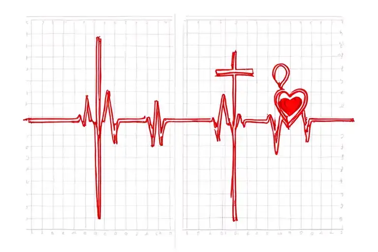 Fine Line Ekg Line With Heart On One Side And Cross On The Opposite