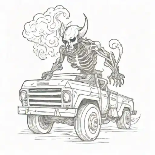 A Skeletal Demon Driving A Truck Through Flames